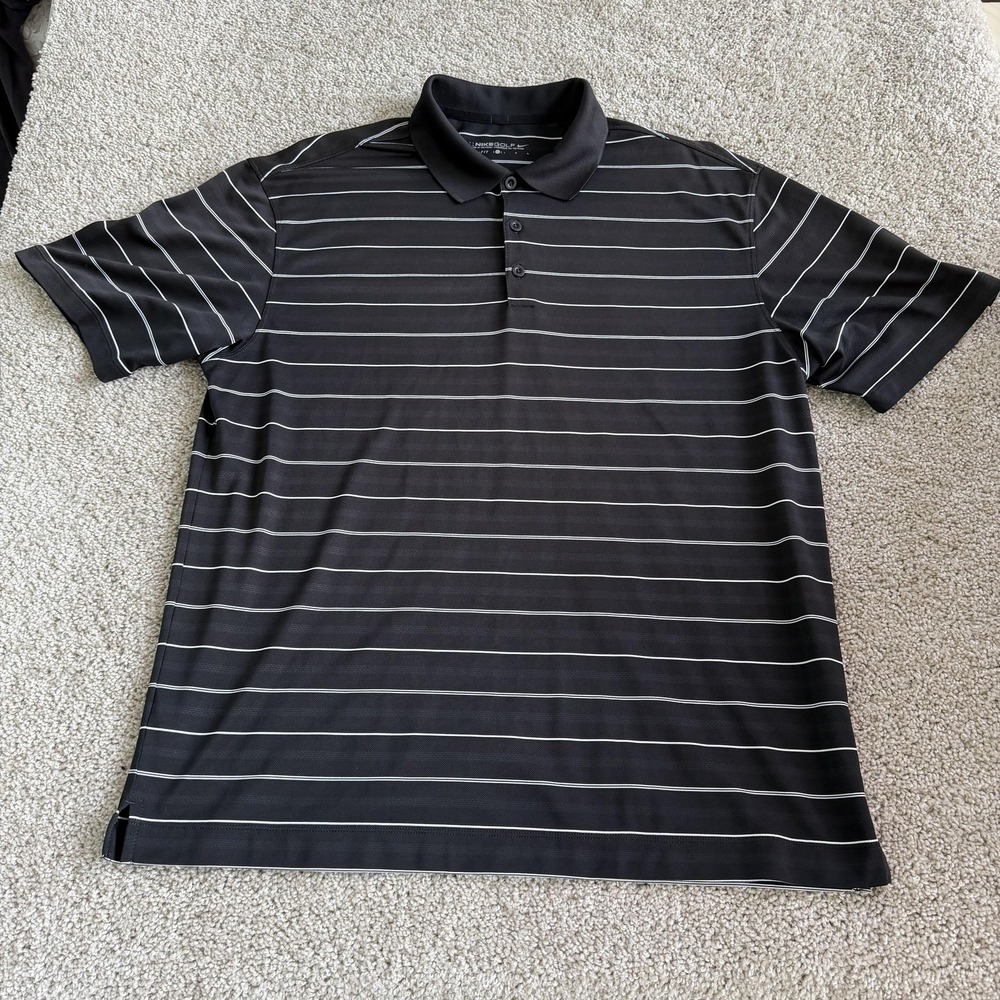 Nike Golf Polo Shirt Mens Large Black Stripe Dri-Fit Short Sleeve Performance
